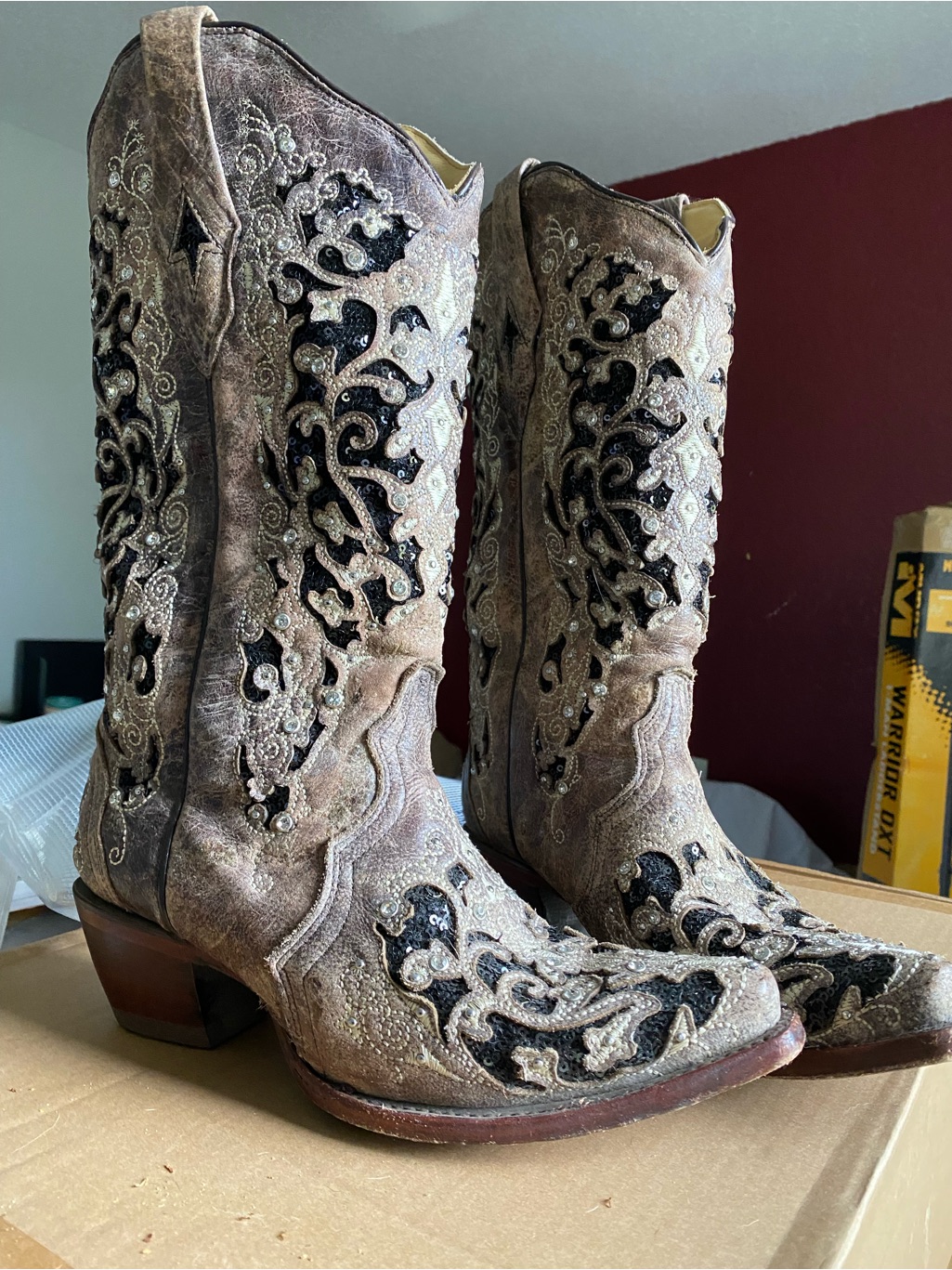Corral Taupe And Black Embellished Women's Heeled Western Boots!